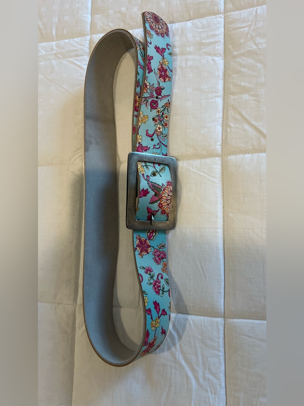 Floral Print Leather Belt in Light Blue